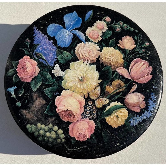 Hand-painted Black Floral lacquer box Vintage Tin Tole Trinket Bowl with Cover - Picture 4 of 10